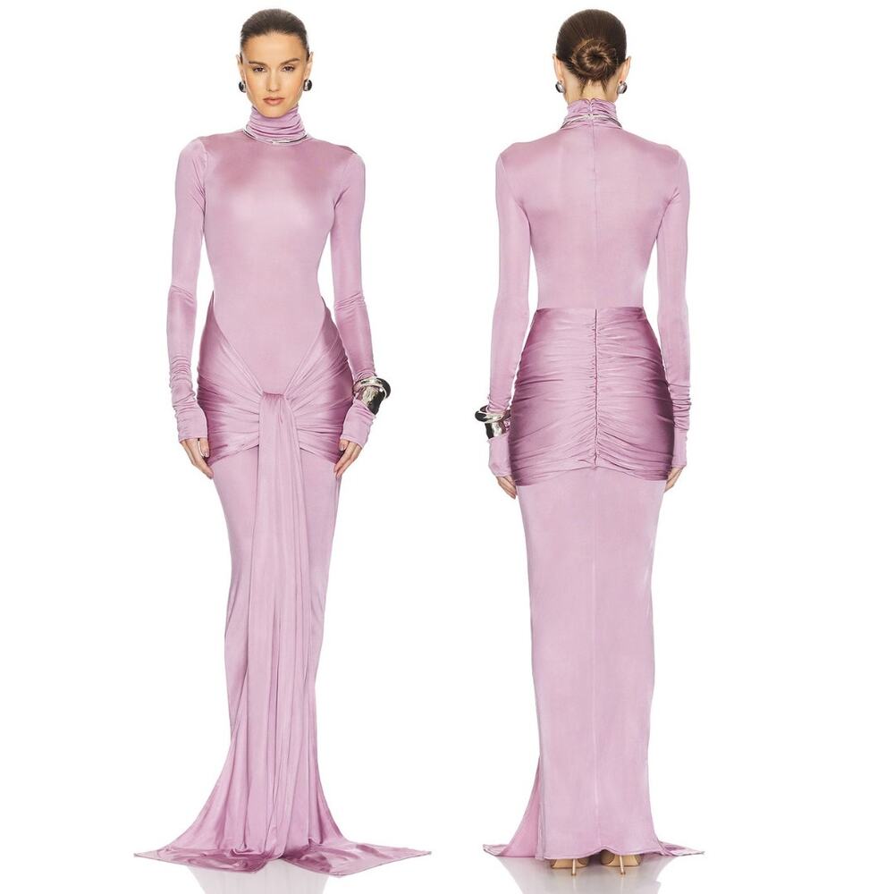 Helsa Slinky Jersey Ruched Sarong Maxi Dress Turtleneck Long Sleeve Purple Sz M